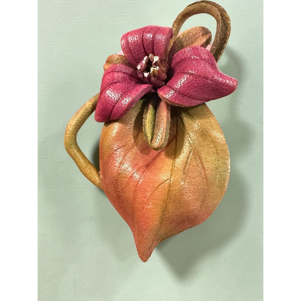 Handmade Leather Flower Brooch Pink Orange Floral Leaf Pin Botanical Accessory